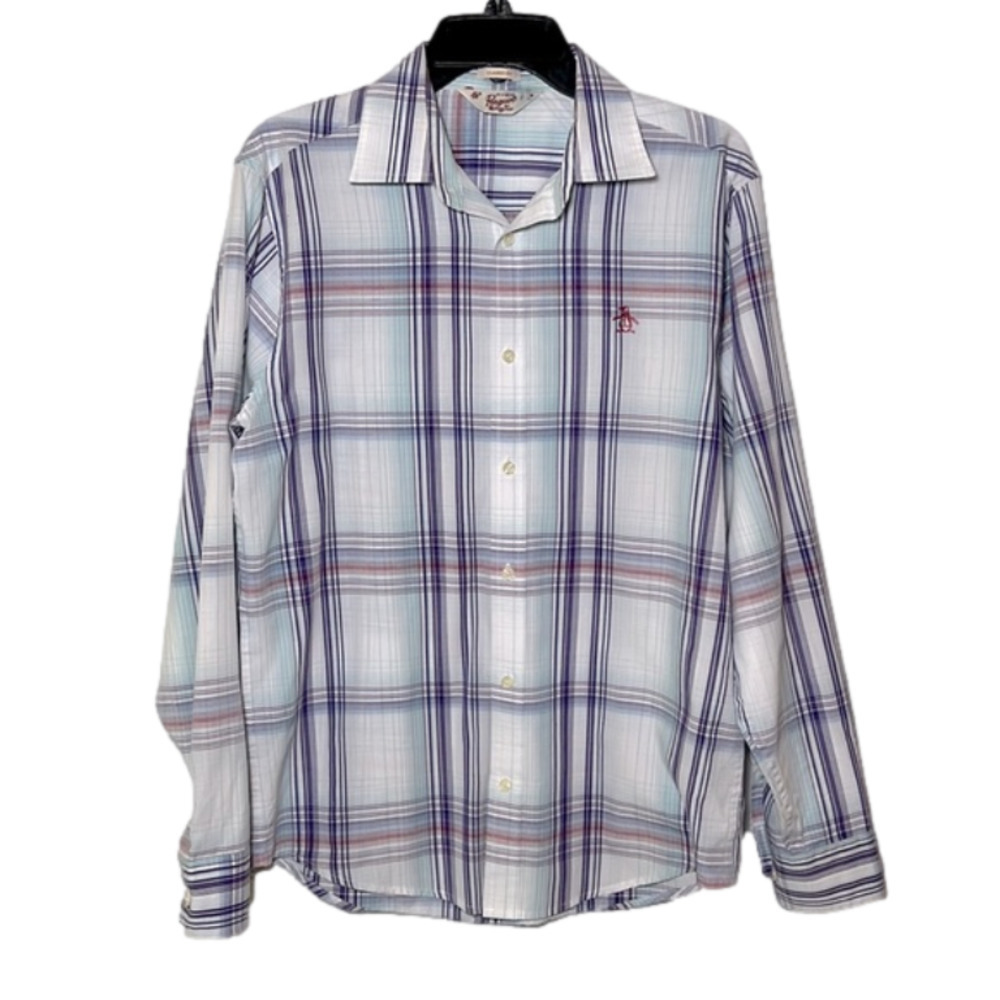 Original penguin classic fit long sleeve white & purple plaid shirt -Size medium